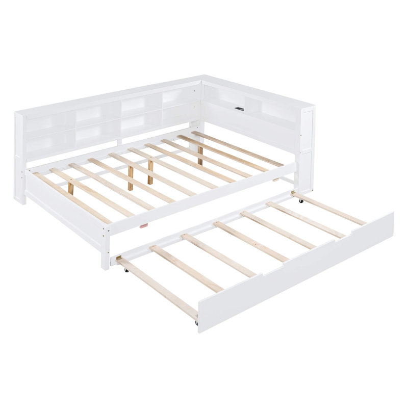 Lit de jour en bois avec lit gigogne simple, tablette de rangement et ports de chargement USB, Complet/Double, Blanc