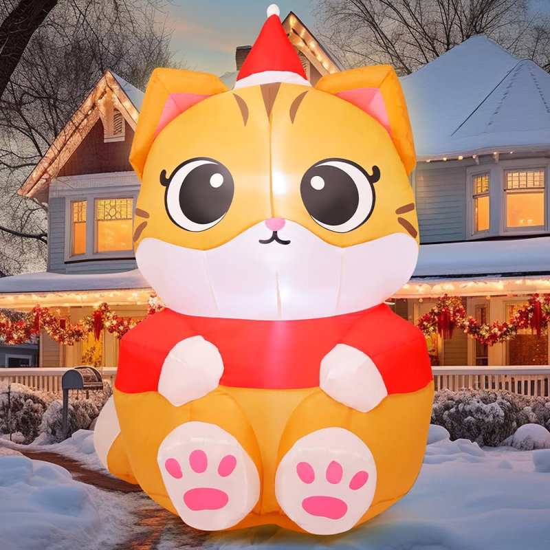 Christmas Inflatable 6 FT Sitting Christmas Cat Inflatables Christmas Cat Blow Up with Built-in LEDs