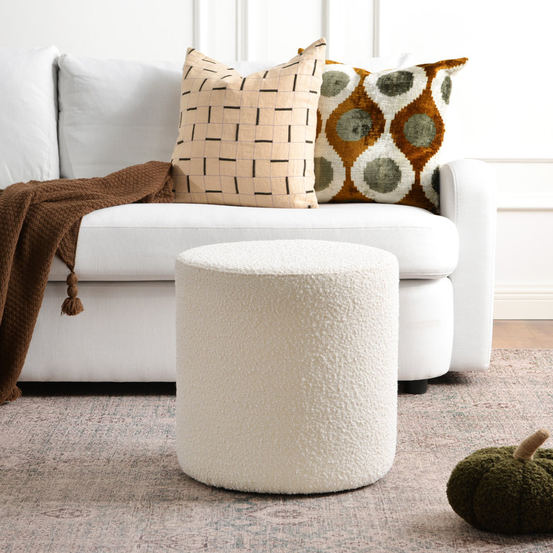 Brynnen 18'' Wide Modern Round Upholstered Ottoman, White Boucle