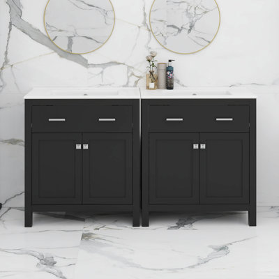 60" Bathroom Vanity Set, Double Vanities, Double Ceramic Sinks, Storage Shelf, And Divided Drawers