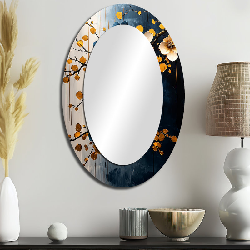 Gold Blue Tones Cherry Blossom Branch III - Blue Oval Wall Mirror Decor, 36" x 24"