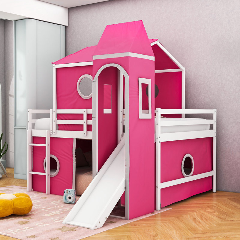 Lit superposé avec glissoire, tente et tour Kyser Kids, Double sur double, Rose