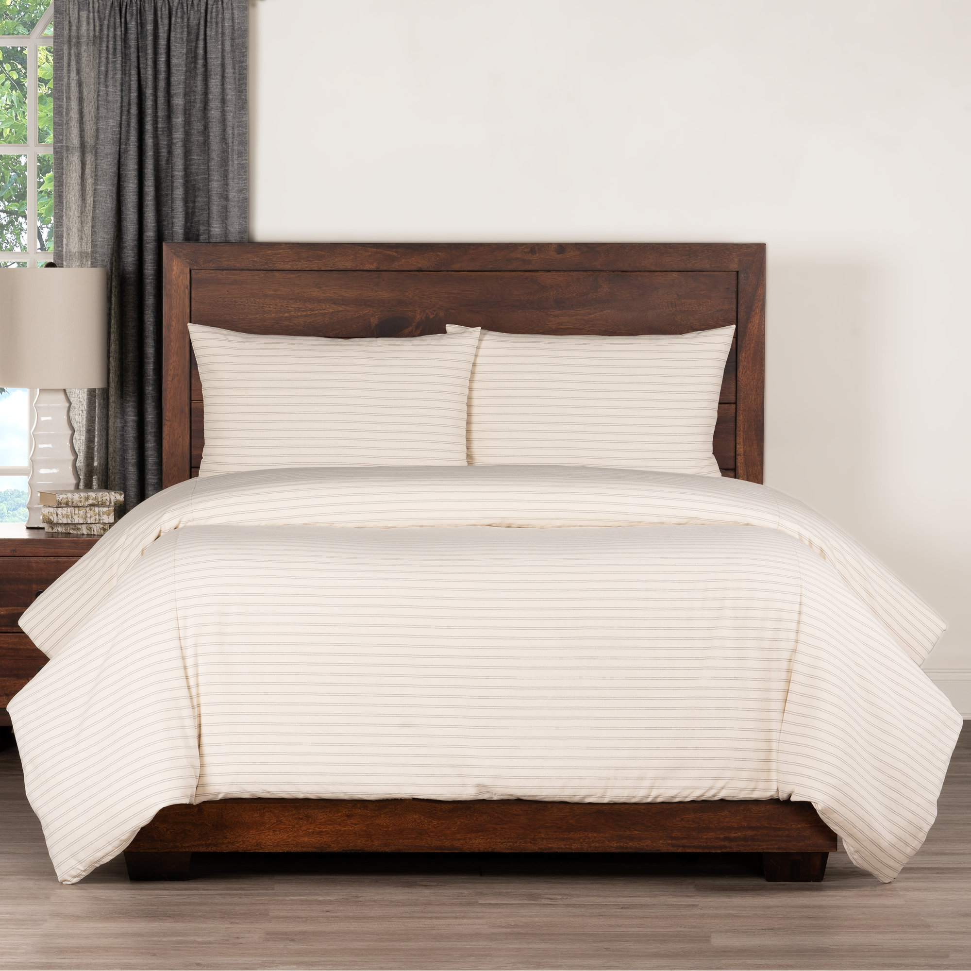 Birch Lane Ticking Stripe Pewter Farmhouse 7-Piece Duvet Cover Set, Gray/Cream Striped, Full Duvet Cover + 2 Standard Shams