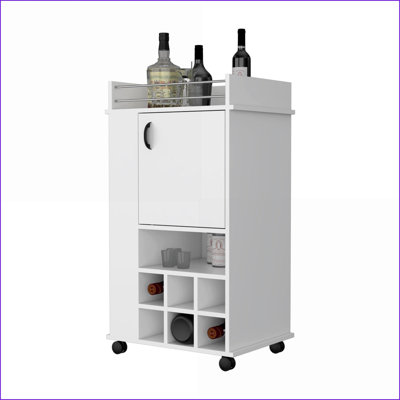 Chariot-bar avec support à vin, armoire à 1 porte et amp; Roulettes | Blanc neige | Bois d'ingénierie