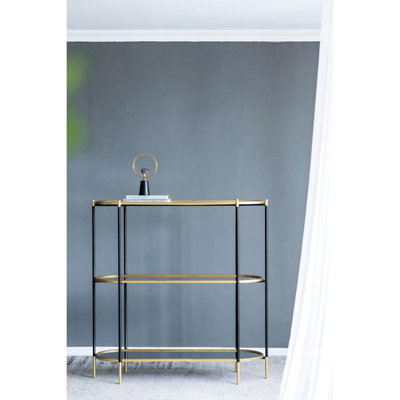 Console moderne en métal, 123 x 42 x 127 cm, tablette miroir noir et or, table élégante et luxueuse en métal, 124 x 42 x 127 cm, style classique doré