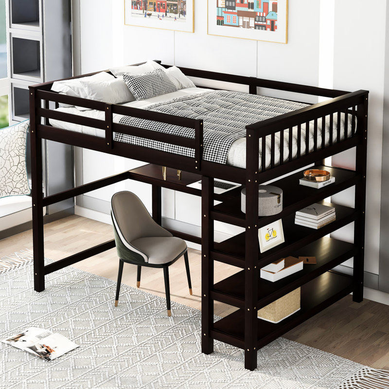 Lit mezzanine pleine grandeur. Comprend un bureau sous le lit. Construire sous et rangement., Lit double, Espresso