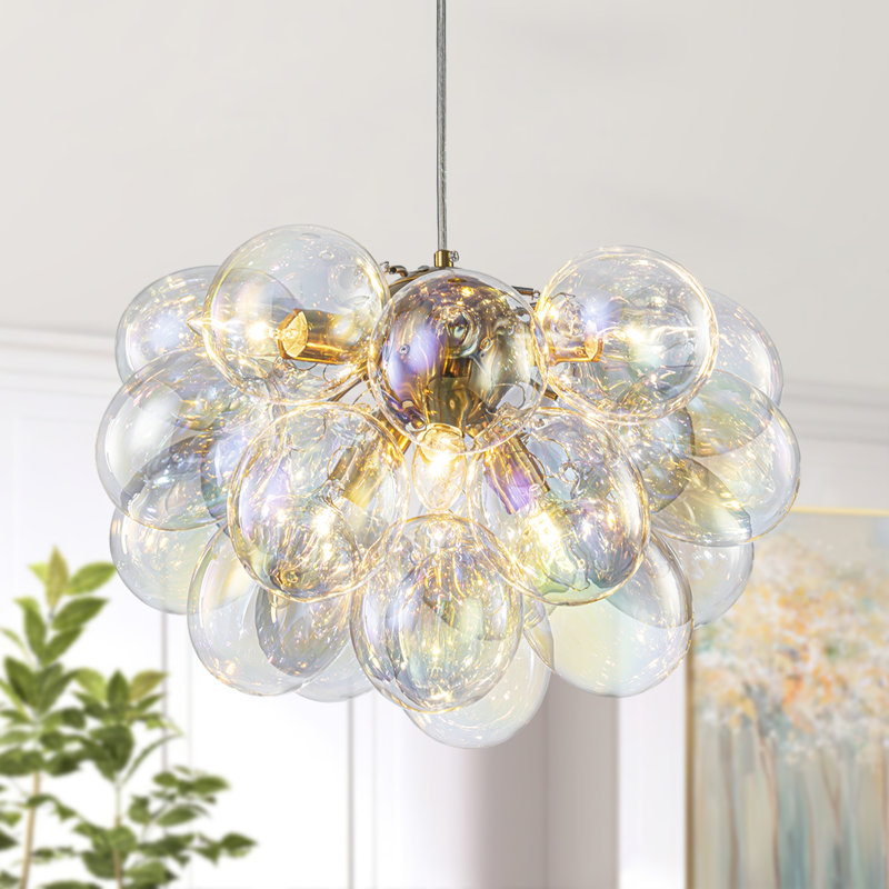 Isley 6 - Light Dimmable Iridescent Glass Globe Bubble Chandelier, Gold