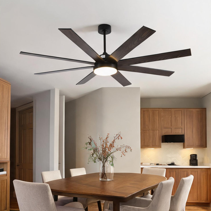Ventilateur de plafond noir et noyer foncé en métal et bois pour le salon avec télécommande et circulation d'air saisonnière