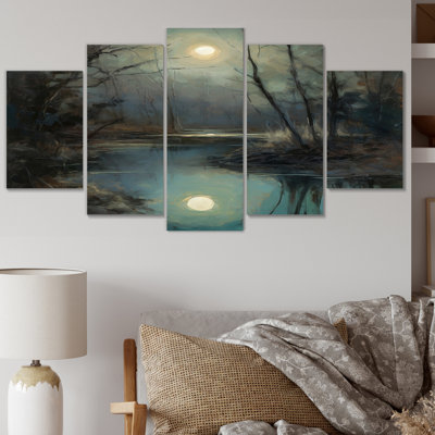 «Mysterious Misty Sunset Over Teal Lake II» 5 pièces
