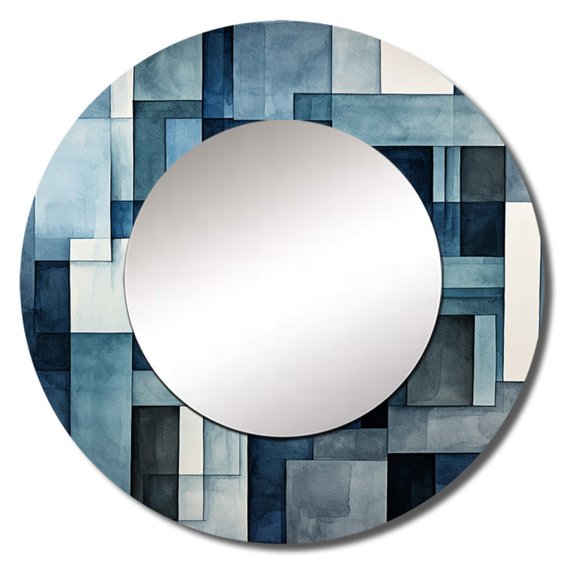 Indigo illusion abstrait formes II - miroir mural décoratif formes abstraites, miroir rond moderne, art imprimé en métal