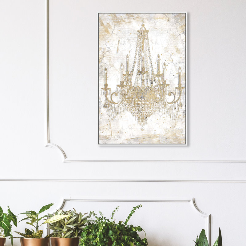 Fashion And Glam " Fashion And Glam White And Gold Chandelier " by Oliver Gal, White Floater Framed, 45" H x 30" W