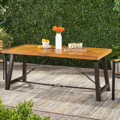 Table d'extérieur moderne en bois de style industriel moderne, structure en fer, 70 po de largeur, 33 po de profondeur, 29,5 po de hauteur, incontournable et base en métal, 71,72 po x 33,4 po x 29,9 po