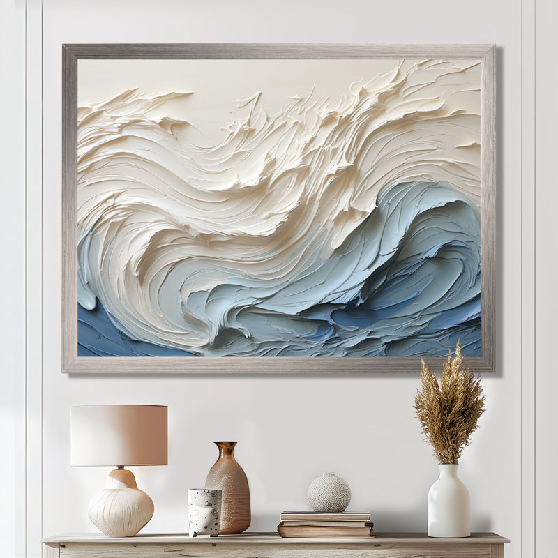 «White and Blue Wave Papercut Style - Coastal Waves», reproduction d'art sur toile (sans texture), Impression encadrée