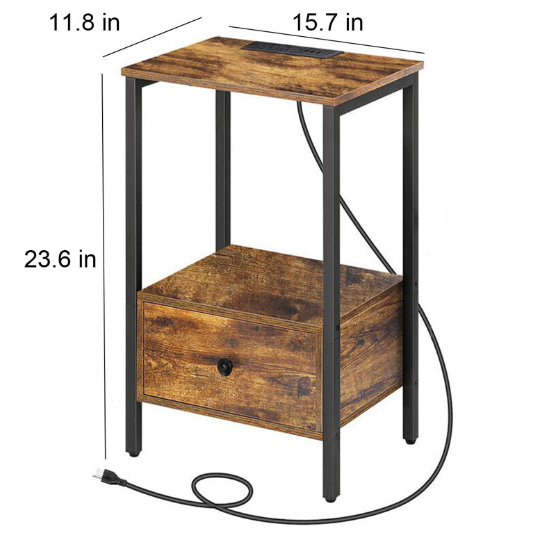 Solid Wood Top End Table Set with Storage and Built-In Outlets