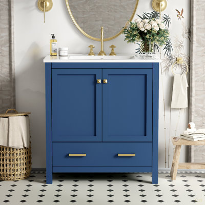 Meuble-lavabo de 30 po avec lavabo simple, meuble-lavabo encastré, armoire de rangement avec 2 portes et un tiroir, fermeture en douceur, rangement multifonctionnel, structure en bois massif