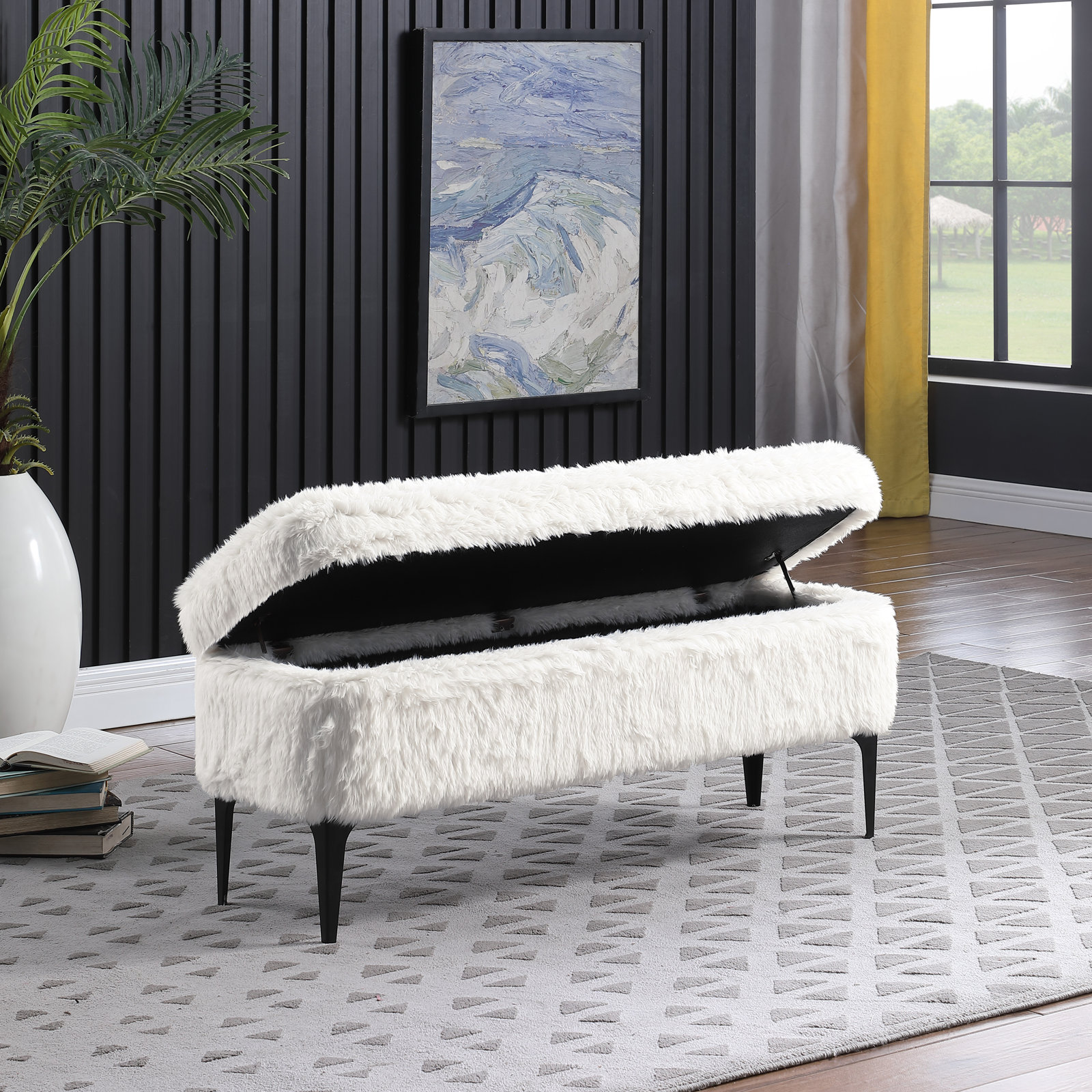 Ameelya 42" Velvet Bedroom Bench, White Faux Fur