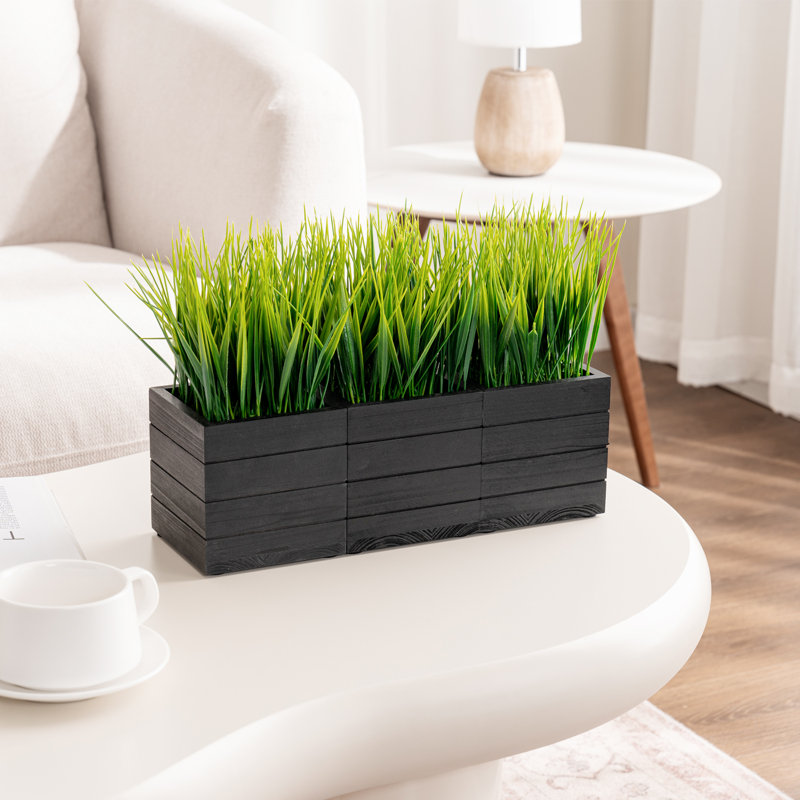 22.99cm Faux Onion Grass Grass in Solid Wood Pot
