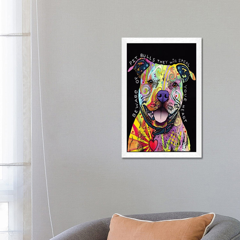 Beware Of Pit Bulls by Dean Russo - Floater Frame Print on Canvas, 101.6 cm H x 66.04 cm W, White Framed
