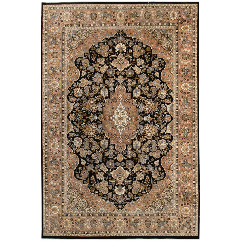 Tapis noir / brun en laine noué à la main de conception unique 6 pi x 9 pi