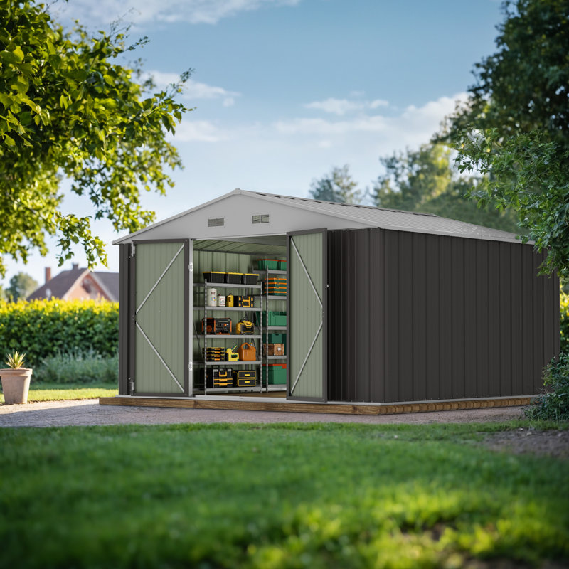 Outdoor Metal Storage Tool Shed, Gray/White, 76.4" H x 121" W x 120" D