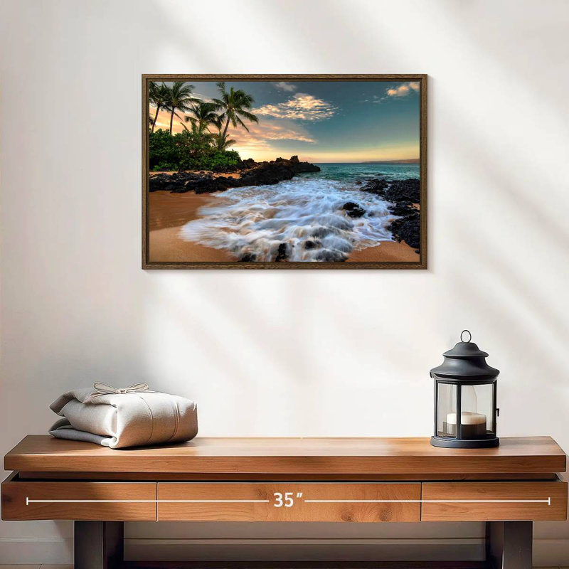 Maui, baie de Makena, Borasisi, 19 po x 13 po, Cadre flottant noyer