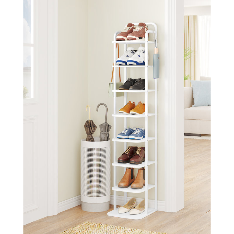 Range-chaussures vertical à 8 niveaux, tour à chaussures étroite, étagère à chaussures haute avec 2 crochets, tablettes réglables, étagères à chaussures de coin pour petits espaces, entrée, salon, blanc