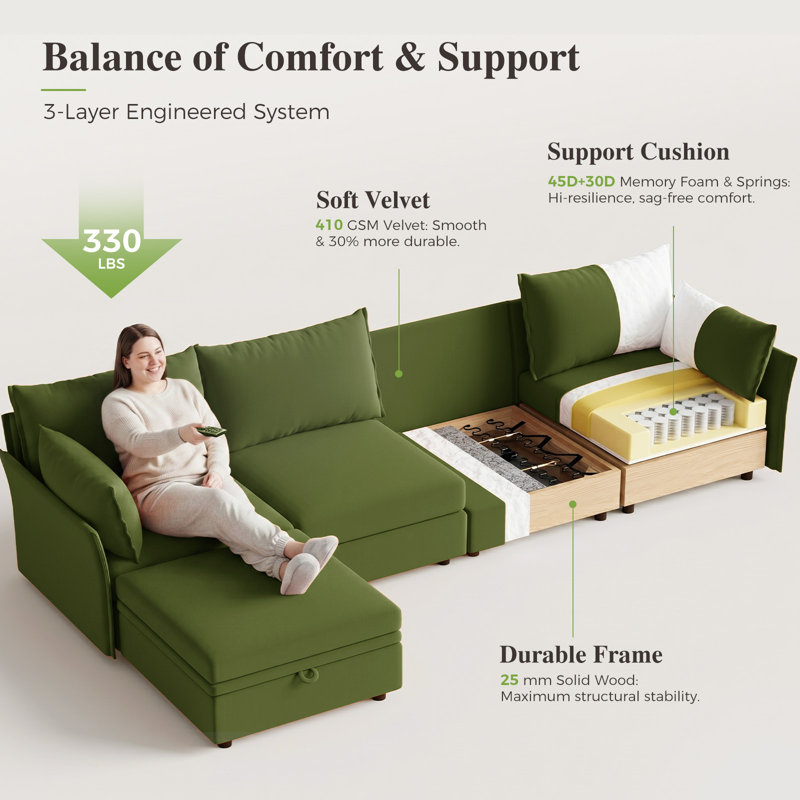 Canapé modulaire modulaire, canapé Cloud Comfy moderne, canapé à 6 sièges profonds avec coussin décoratif et repose-pieds mobile, vert