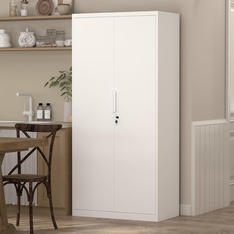 White Steel Locking Storage Cabinet 72" – Metal Cabinet With Doors & Adjustable Shelves, Large File & Tool Organizer For Home, Office, Garage, School