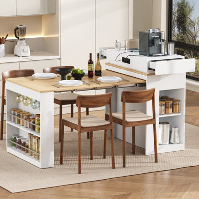 Table de salle à manger extensible avec plateau pliable, table de bar avec tiroirs et prise de courant, îlot de cuisine avec roulettes et crochets, buffet pour la cuisine et la salle à manger (blanc crème et naturel)