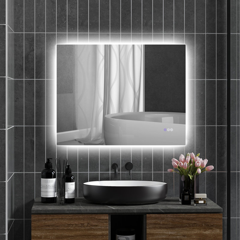 Miroir de salle de bain 35 po x 28 po avec lumières à DEL, brouillard, intensité variable, température de couleur réglable, mémoire, fixation murale, horizontal / vertical, Cri90 +, résistant à l'eau, imperméable à l'eau IP44, envers en alliage d'aluminium, IP44, aluminium