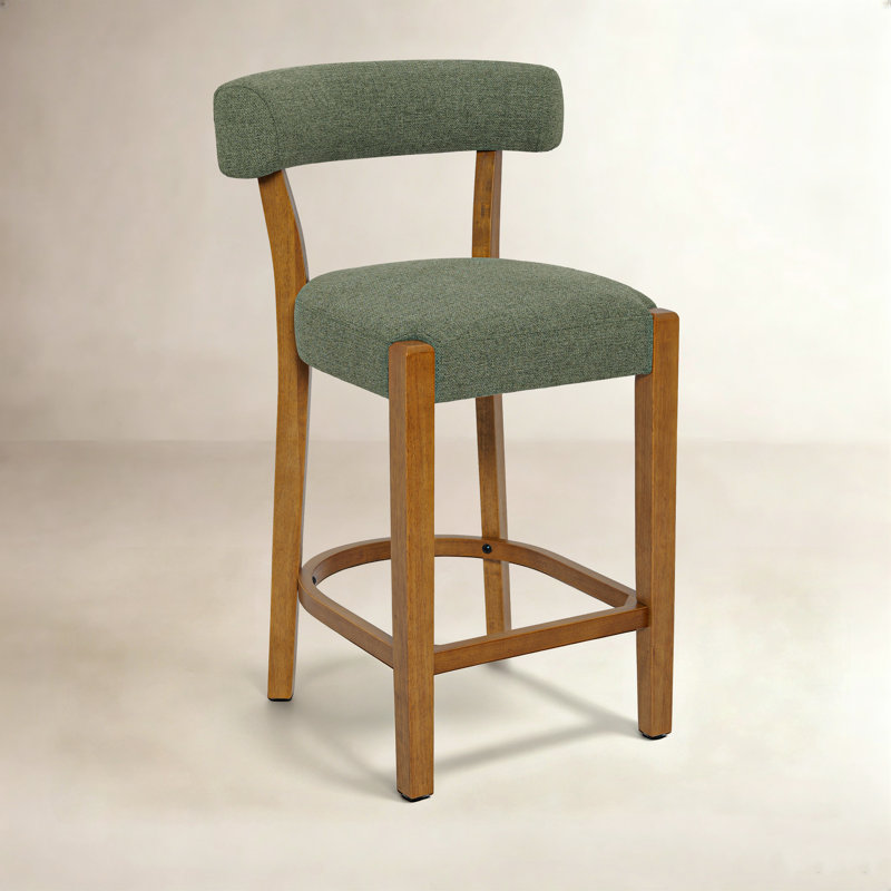 26" Upholstered Counter Height Bar Stool with Solid Wood Frame, Green Linen / Brown Frame, 2