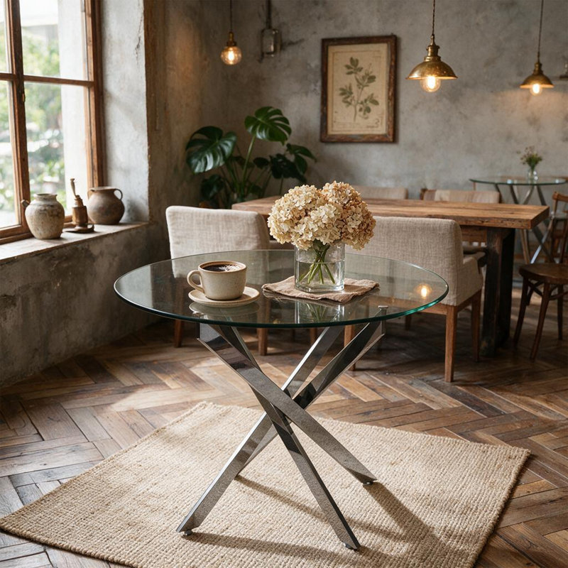 Table d'appoint ronde en verre, table de bout moderne avec plateau en verre trempé et structure en croix en métal poli en forme de X, petite table basse d'appoint pour le salon, la terrasse et le balcon, or / argent chromé en option