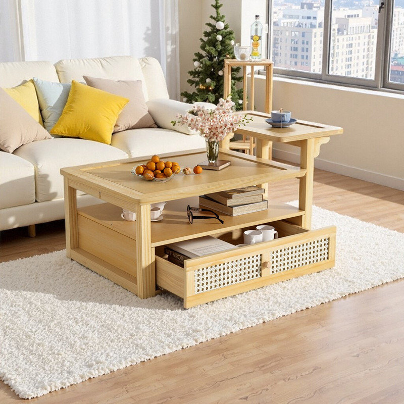 Table basse 38,5 W en panneau de fibres à densité moyenne avec tiroir réglable en rotin et 2 plateaux pour le salon, Naturel