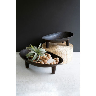  Set of Two Oval Iron Decorative Bowls Tabletop Decor Accent Brown Distressed Finish
