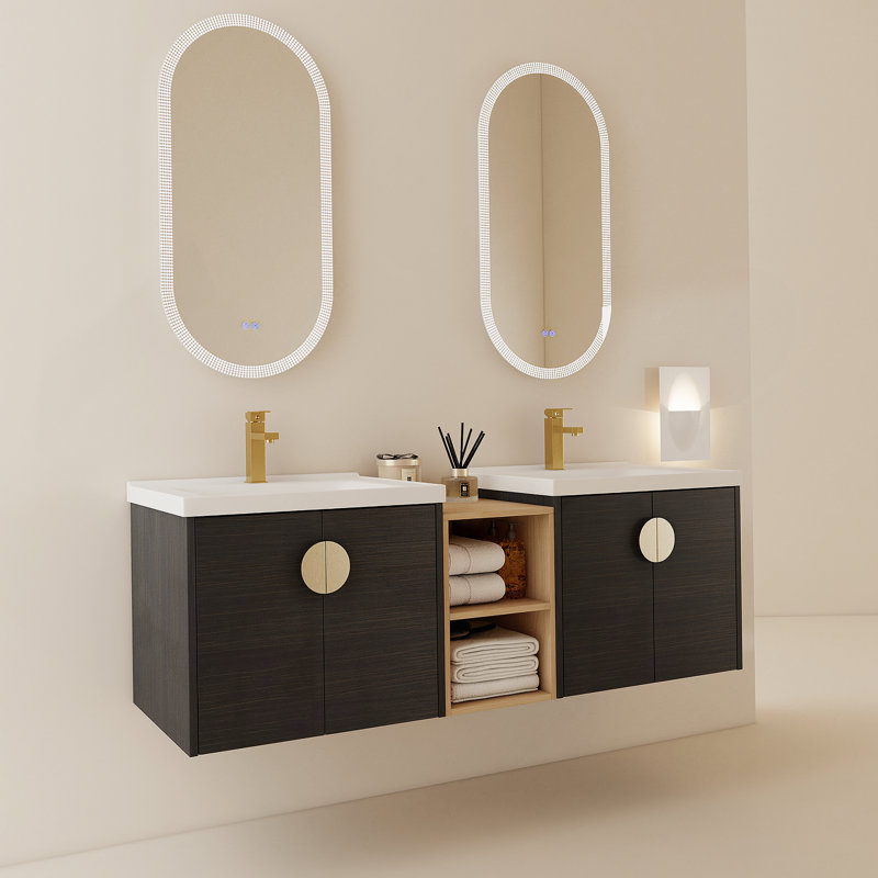 Meuble-lavabo à fermeture en douceur de 60 po avec lavabo et petites tablettes de rangement., Noir