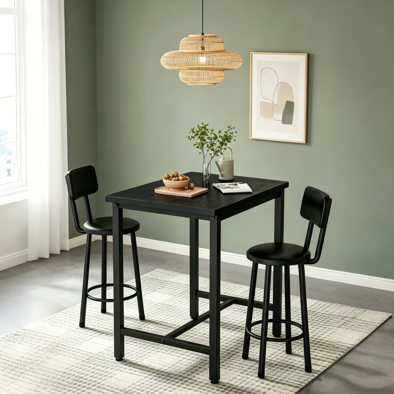 Ensemble de table et chaises de salle à manger 3 pièces pour 2 personnes, ensemble de table de salle à manger moderne avec 2 tabourets de dossier pour appartement, ensemble de table de salle à manger compact avec panneau de fibres à densité moyenne large pour petit espace, noir et noir
