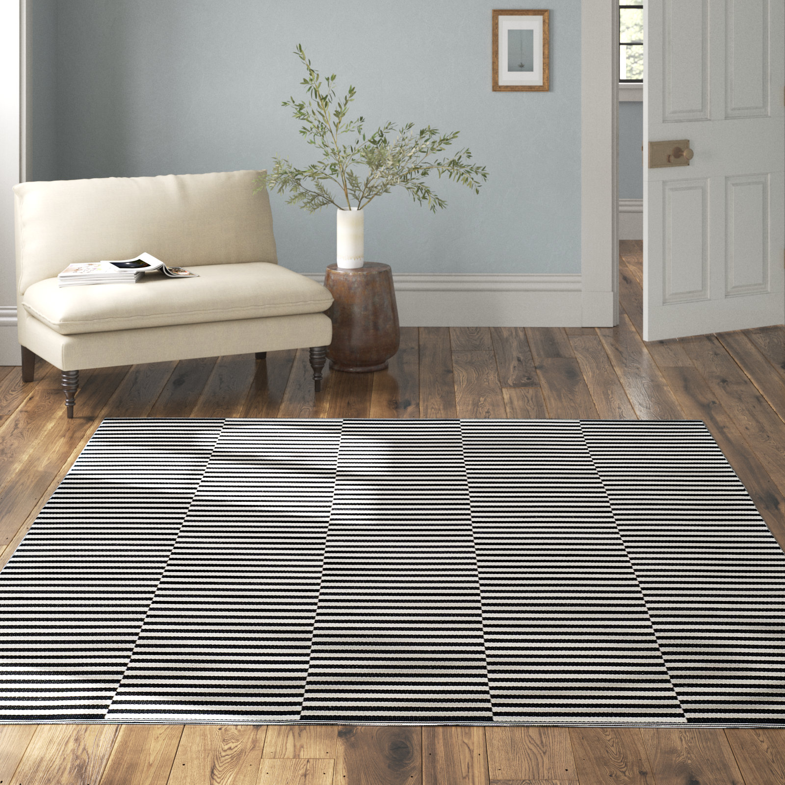 Ilona Ivory Black Striped Cotton Rug, Rectangle 10' x 14'
