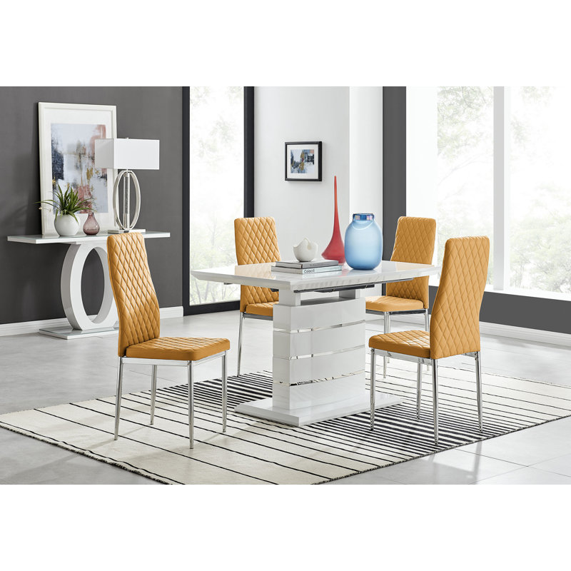 Everson High Gloss 4 Seat Extendable Dining Set with Luxury Faux Leather Upholstered Dining Chairs, Mustard Yellow/Silver