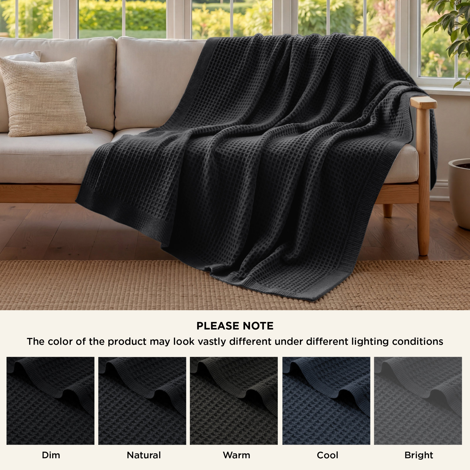 Bedsure Cotton Waffle Weave Throw Blanket, Black, Throw XL