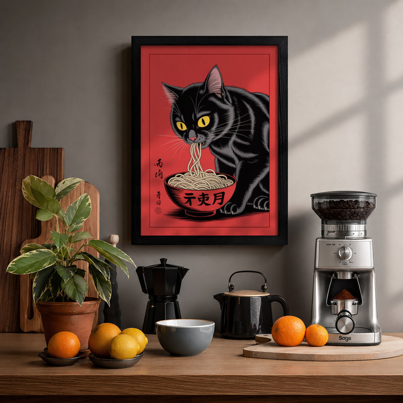 Lucky Cat With Noodles Japandi - Print, A1 - 84.1 x 59.4 cm, Black