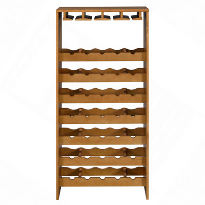 Wine Rack,Natural Oak 7-Tier Wine Rack, 35 Bottles With Stemware Holders