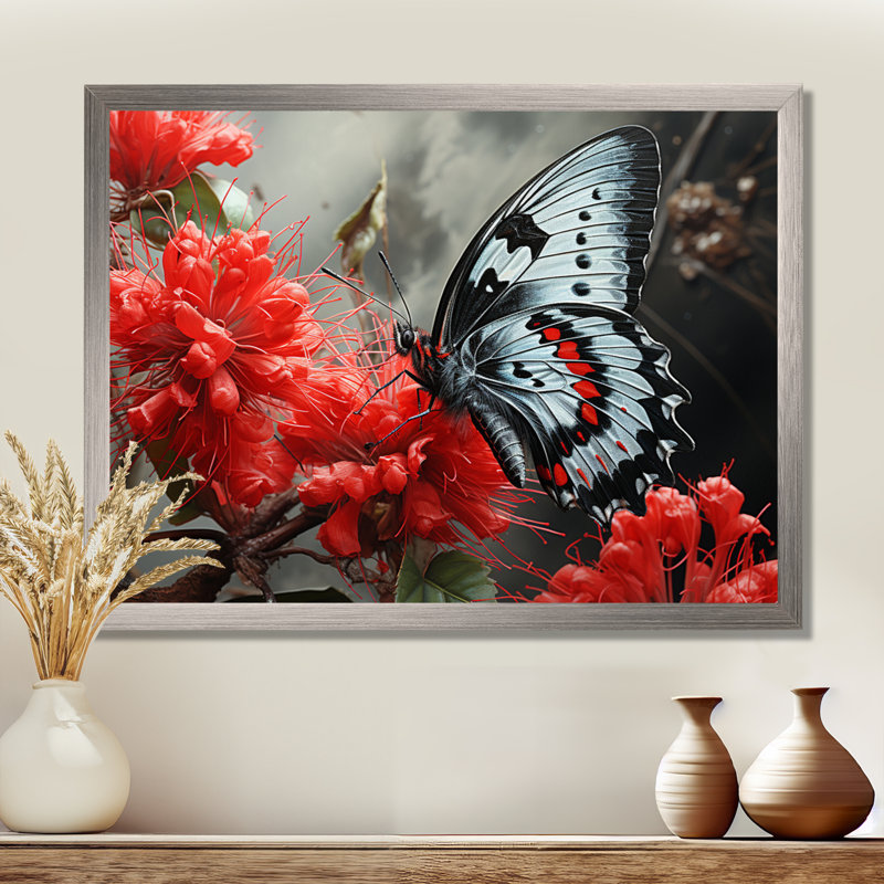 «Red Grey Butterfly Haven II», art mural papillon, Toile tendue, H 16 po x l 32 po x P 1 po