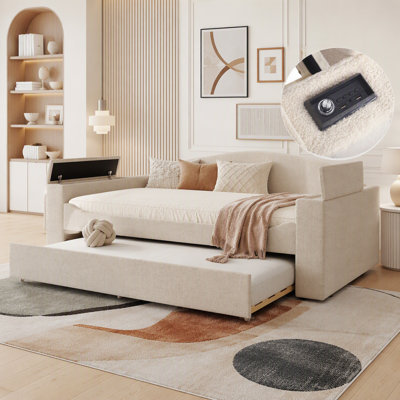 Full Size Upholstered Daybed with Storage Armrests, Trundle and Latest Integrated Bluetooth Audio System, Teddy Fleece