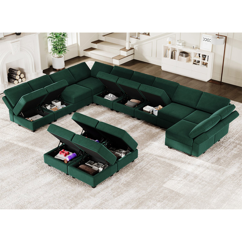 Wylodene U-Shaped Velvet Reversible Modular Sectional, Green Velvet