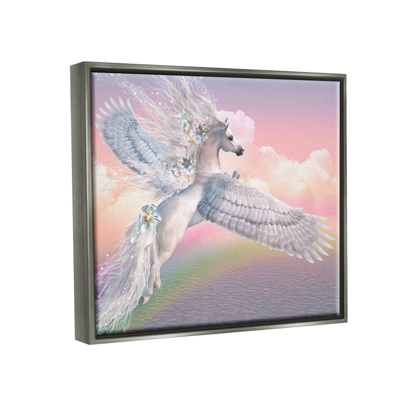 Licorne au-dessus de l'arc-en-ciel, Cadre flottant gris lustré, H 25 po x l 31 po x P 1,7 po