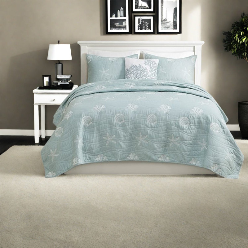 Ensembles de literie brodés en coton pour grand lit style côtier pour la maison