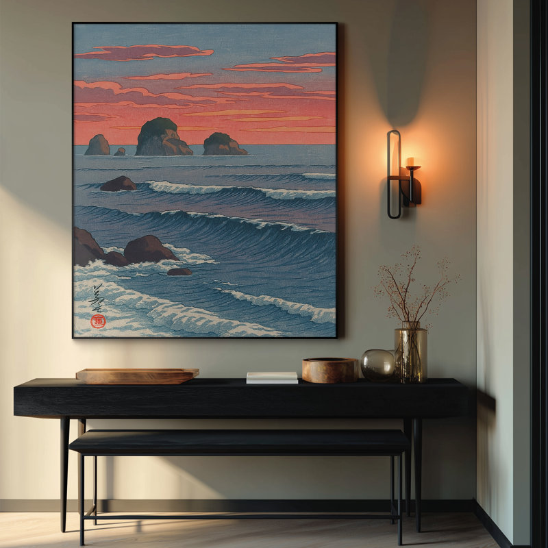 Extra Large Wall Art Fabric Print - Ocean Sunset Waves and Rock Formations Artwork Decor for Living Room or Bedroom - "Frame Assembly Required (Unfinished Frame)"