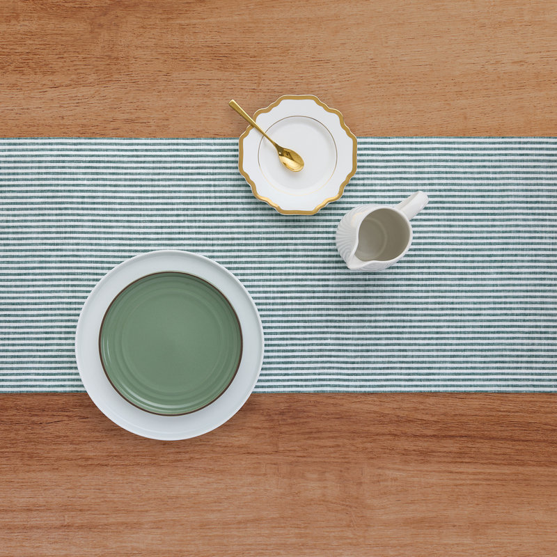 Narrow Stripe - 100% Pure Linen  Table Runner, Rainforest/White, 132" x 14"