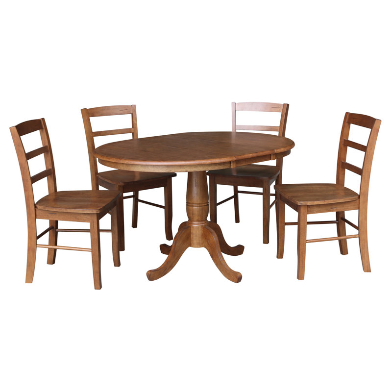 Gadmann Pedestal Extendable Solid Wood Dining Set, Distressed Oak, 5 Pieces: Table, 4 Chairs