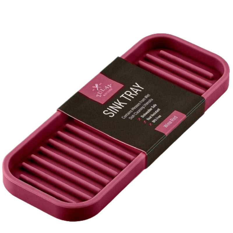 Zulay Kitchen 9x3.5 Silicone Sponge Holder for Kitchen Sink Table Mount - Flexible Tray, Wine Red